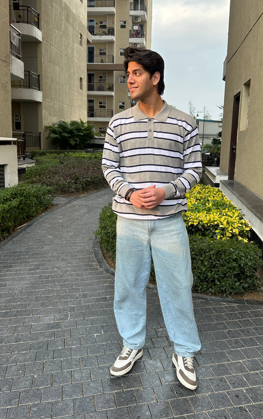 Rugby Stripe Knit Polo (Gray Navy White)