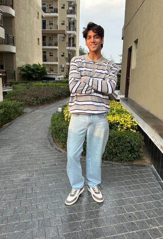 Rugby Stripe Knit Polo (Gray Navy White)