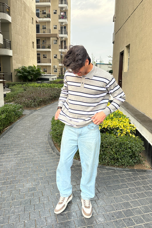 Rugby Stripe Knit Polo (Gray Navy White)