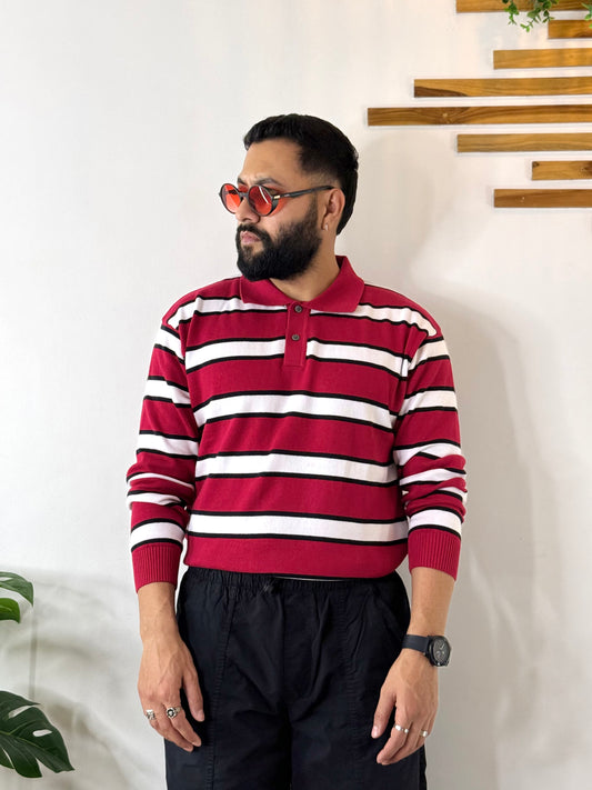 Rugby Stripe Knit Polo (Red Black White)