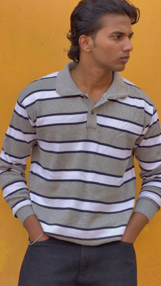 Rugby Stripe Knit Polo (Gray Navy White)